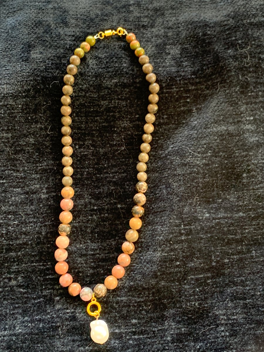 Handmade genuine jasper bead and simulated pearl necklace