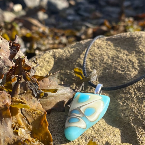 Cream and blue unusual fused glass pendant 