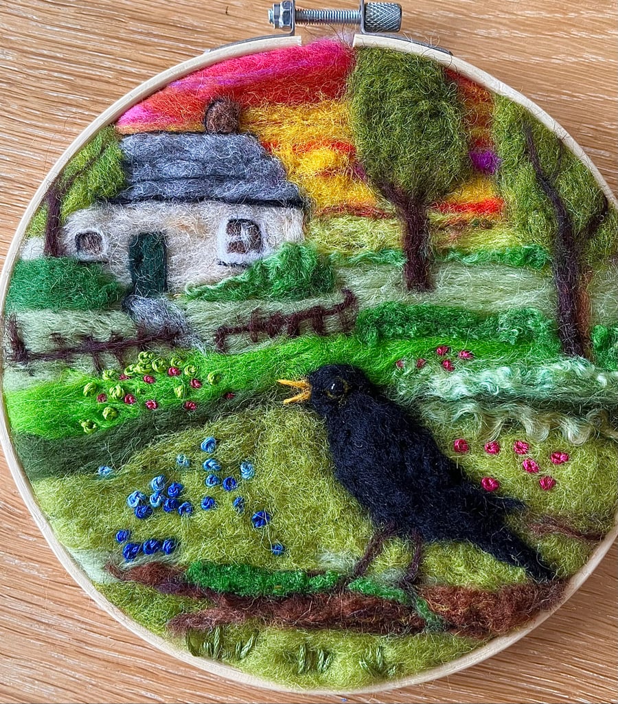 Needle felted blackbird picture. 