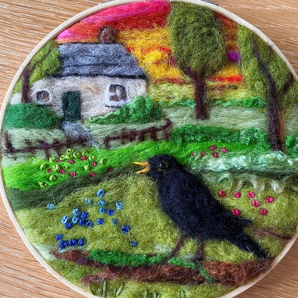 Needle felted blackbird picture. 