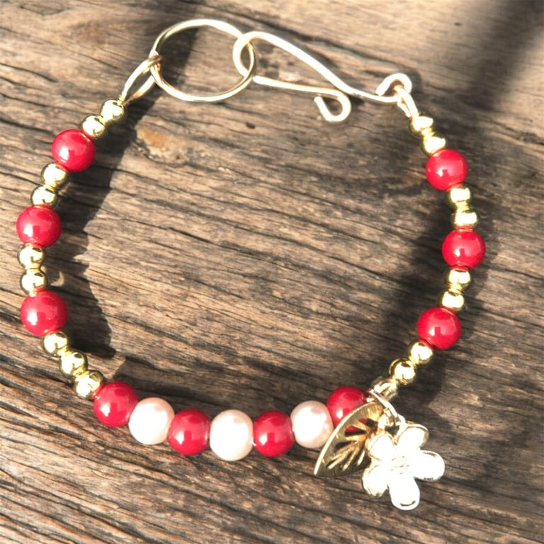 Coral Beaded Gold Bangle  - Semi Precious Red Coral Beads Size M