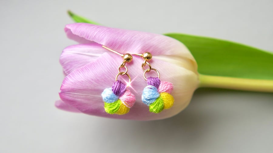 Microcrochet Rainbow Puff Flower Stud Drop Earrings 