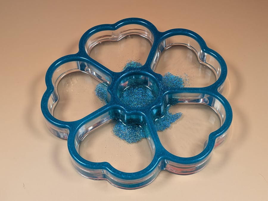 Teal & Crystal Iridescent Flower Tray – Handmade Resin Dish