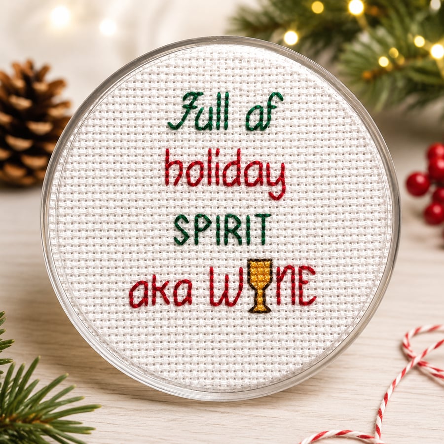Handmade Cross Stitch Christmas Coaster – Funny Festive Gift