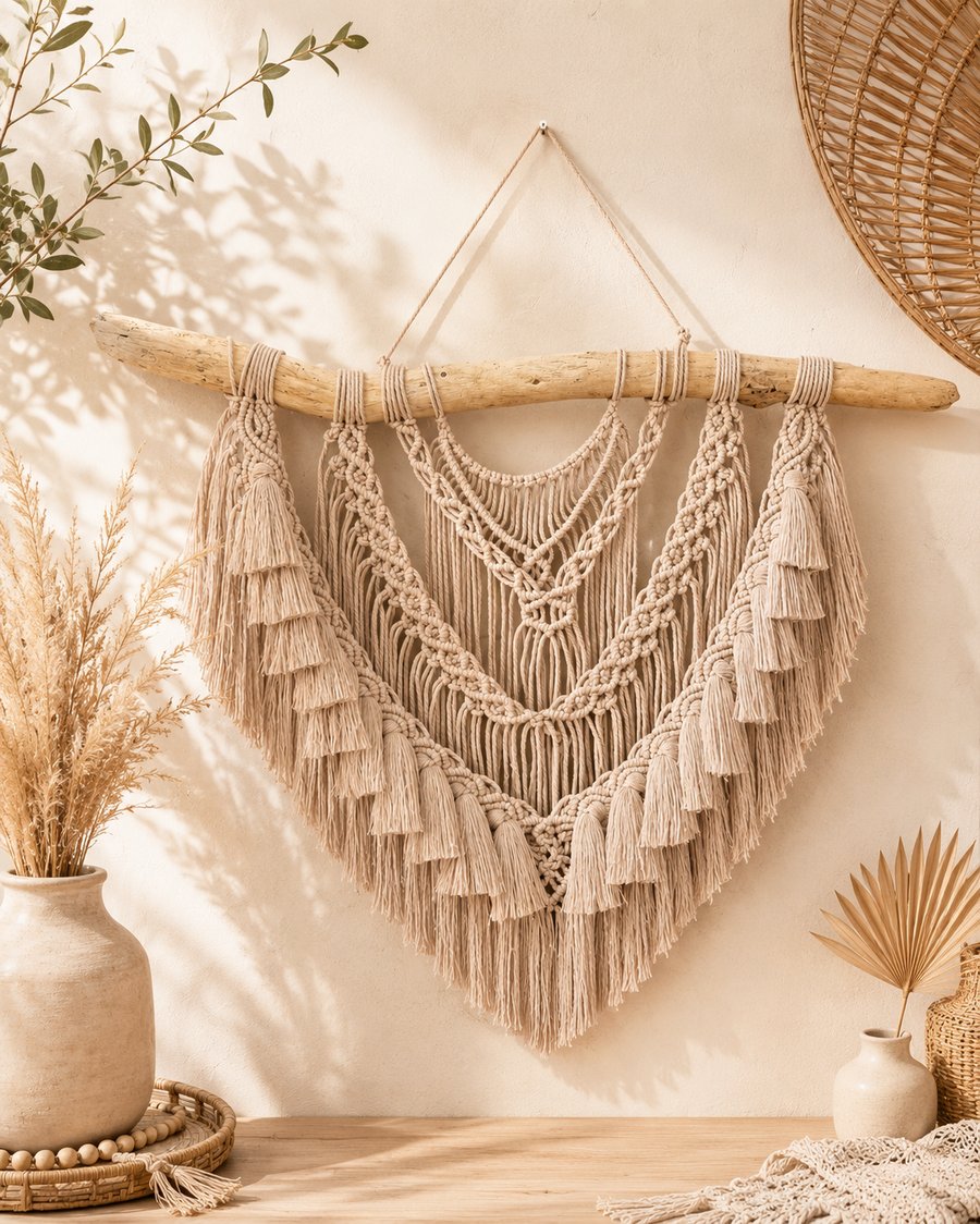 Medium Macrame Wall Hanging, Driftwood Boho Tassel Art, Woven Geometric 
