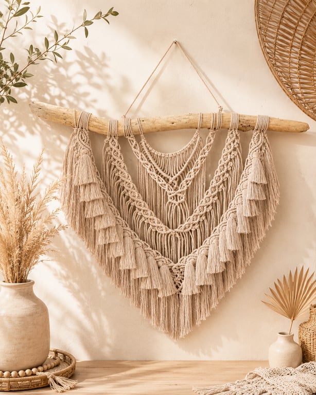 Medium Macrame Wall Hanging, Driftwood Boho Tassel Art, Woven Geometric 