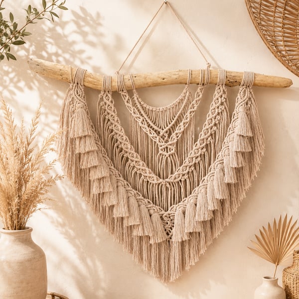 Medium Macrame Wall Hanging, Driftwood Boho Tassel Art, Woven Geometric 