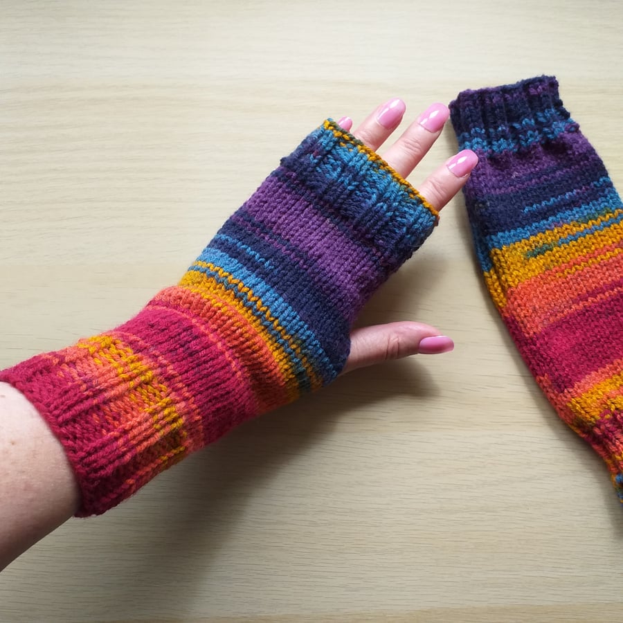 Rainbow Fingerless Gloves for Women, Hand Knitted Wrist Warmers