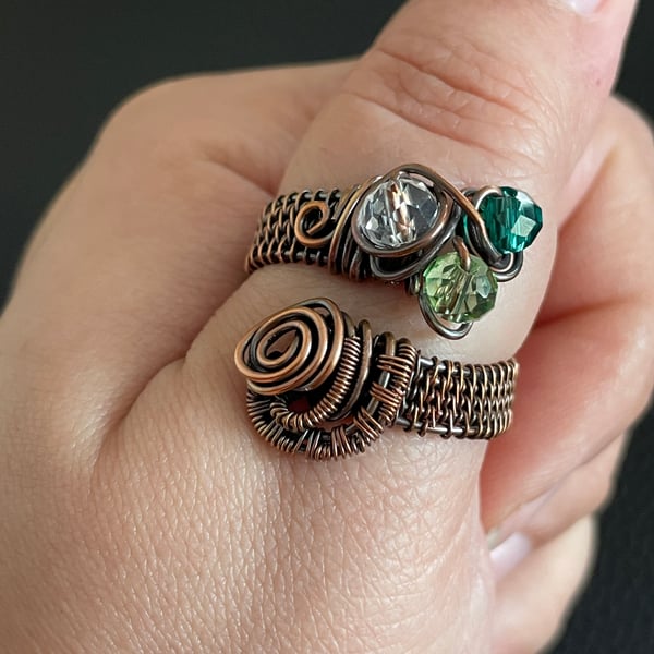 Patinated Copper and Green Glass Adjustable Ring