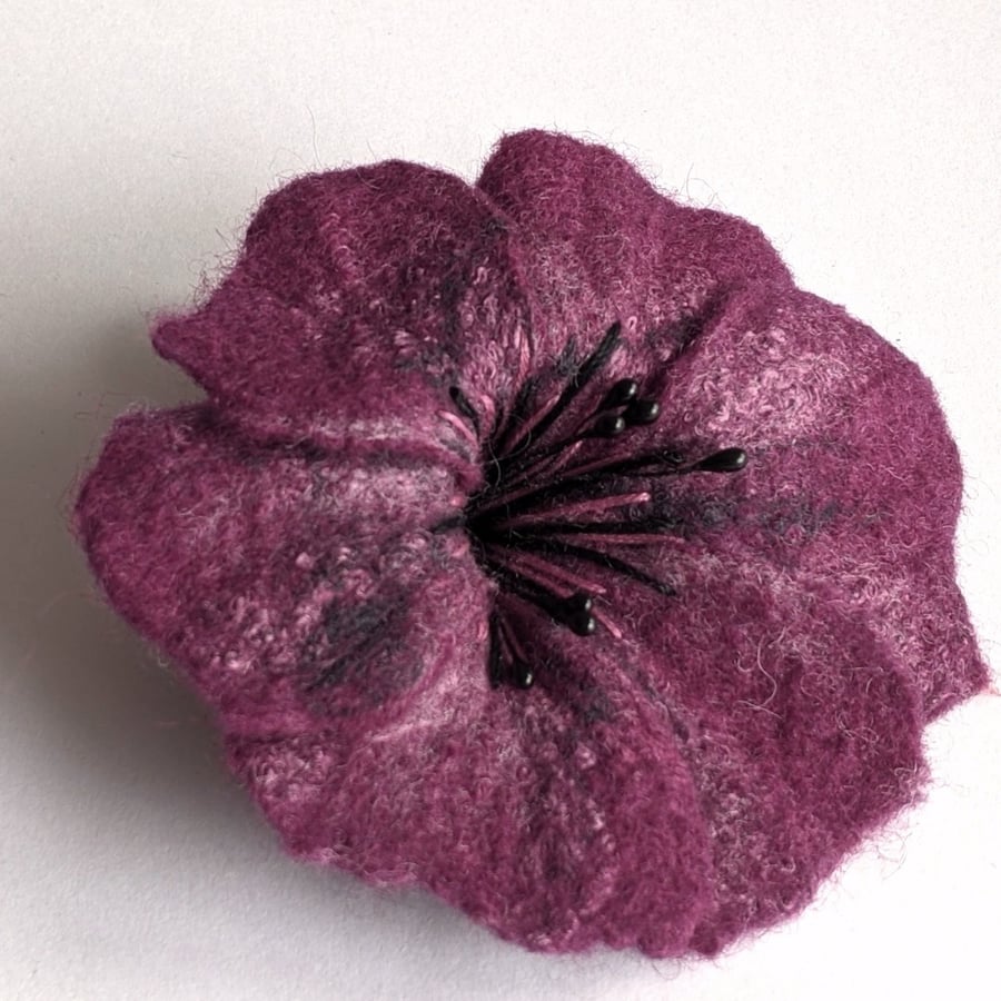 Large felted flower brooch - deep raspberry