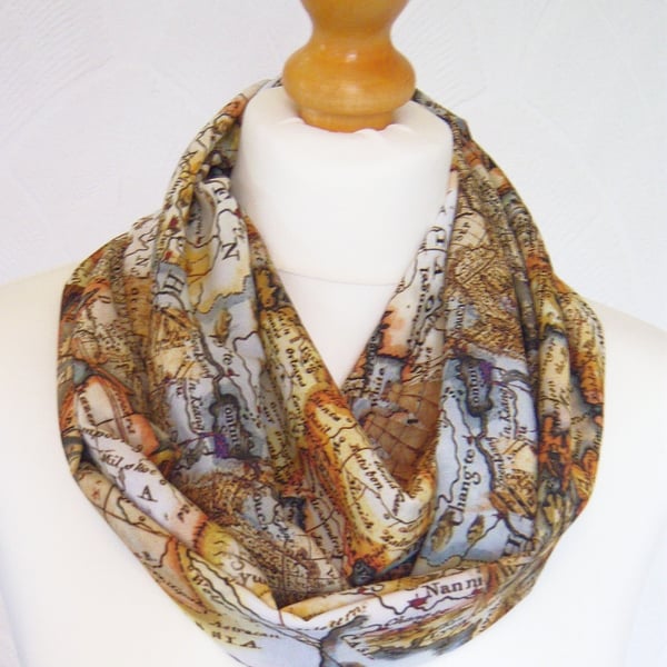 Ancient map infinity scarf loop scarf chiffon scarf map scarf
