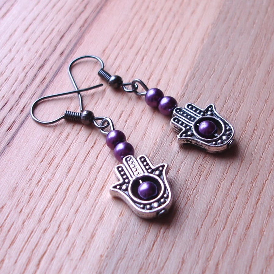 Purple Hand Charm Earrings