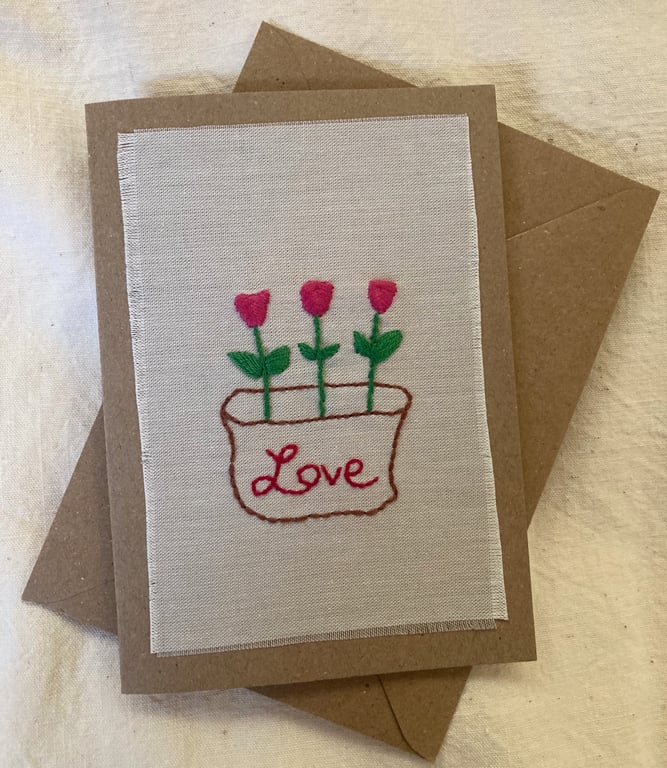 Red tulip love pot embroidered card.
