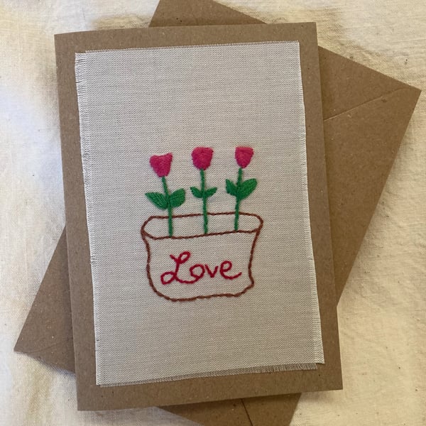 Red tulip love pot embroidered card.