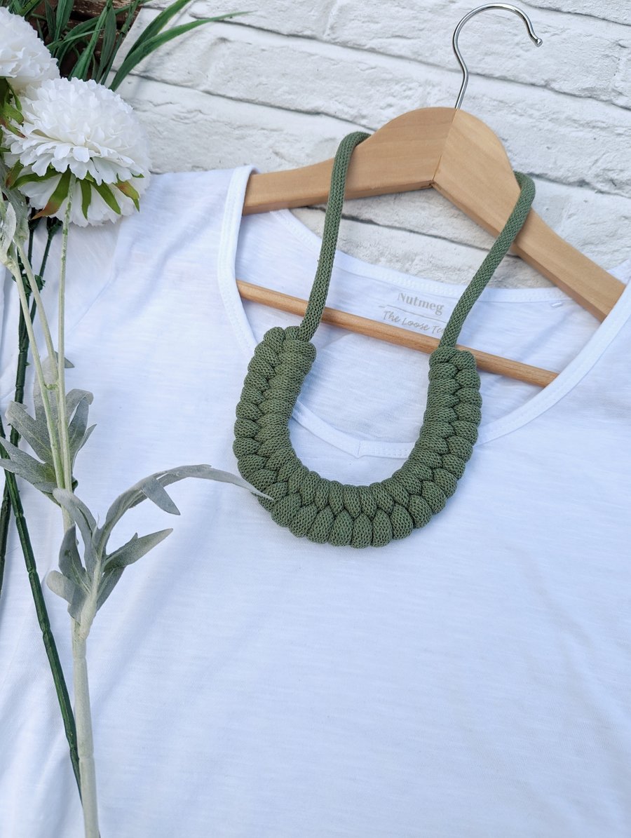 Olive-Khaki Woven Necklace - Braided Rope