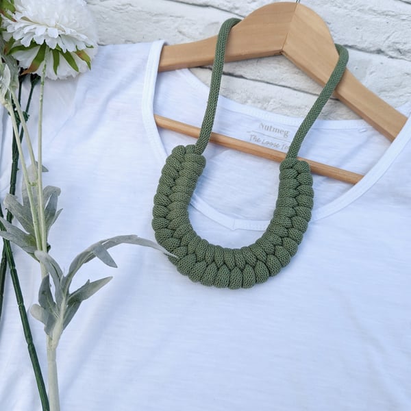 Olive-Khaki Woven Necklace - Braided Rope