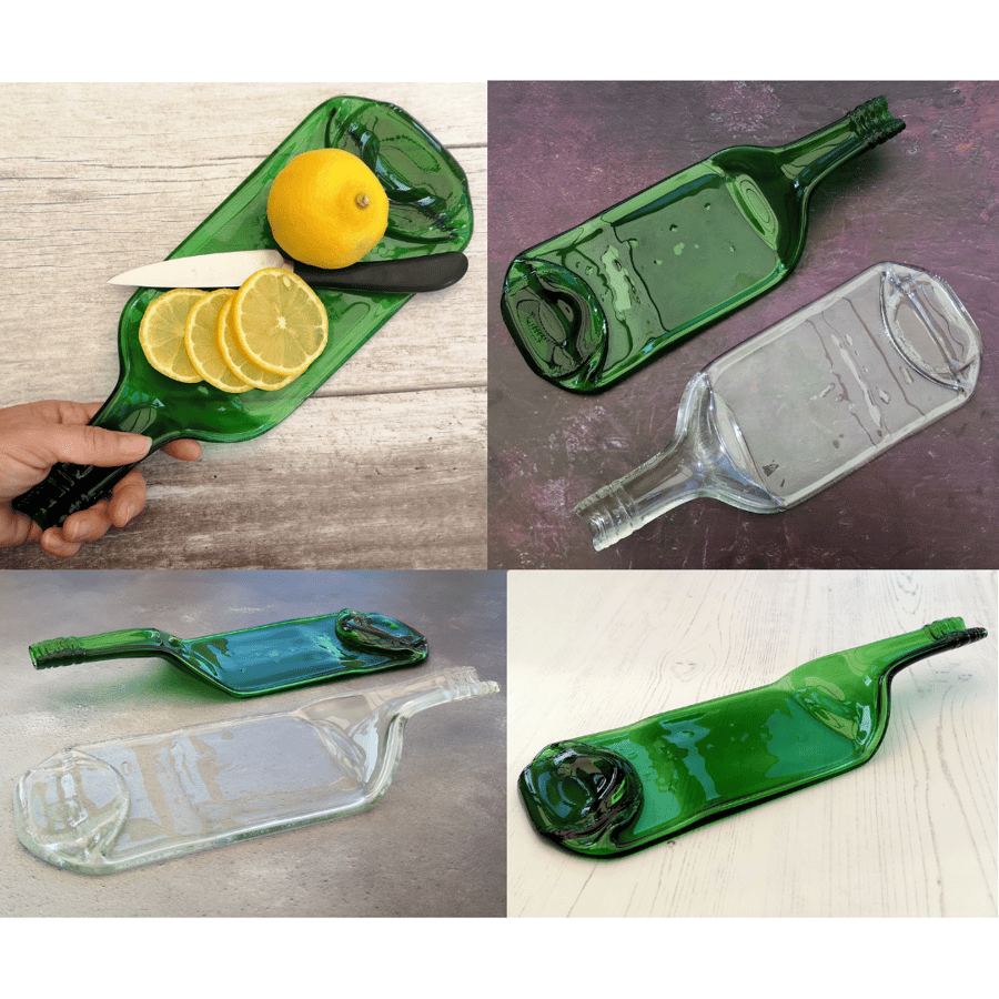 Handmade Fused Glass Recycled Wine Bottle Plate With Raised Neck Handle