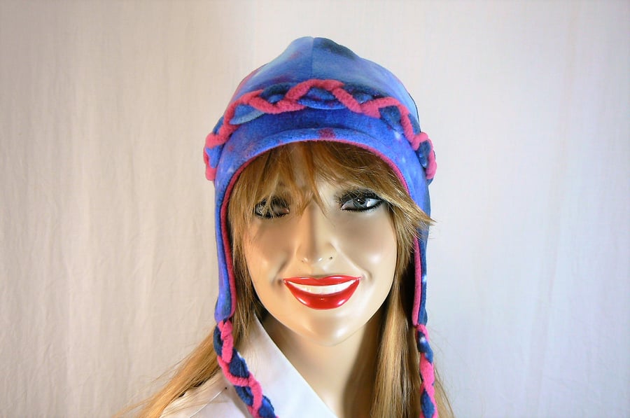 reversible fleece hat with earflaps and ties ( galaxy and pink)