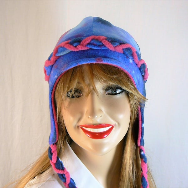 reversible fleece hat with earflaps and ties ( galaxy and pink)