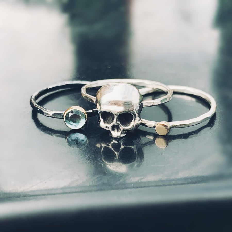 NOGGIN SKULL Recycled Sterling Silver and Gold Half Skull Gemstone Stacking Ring