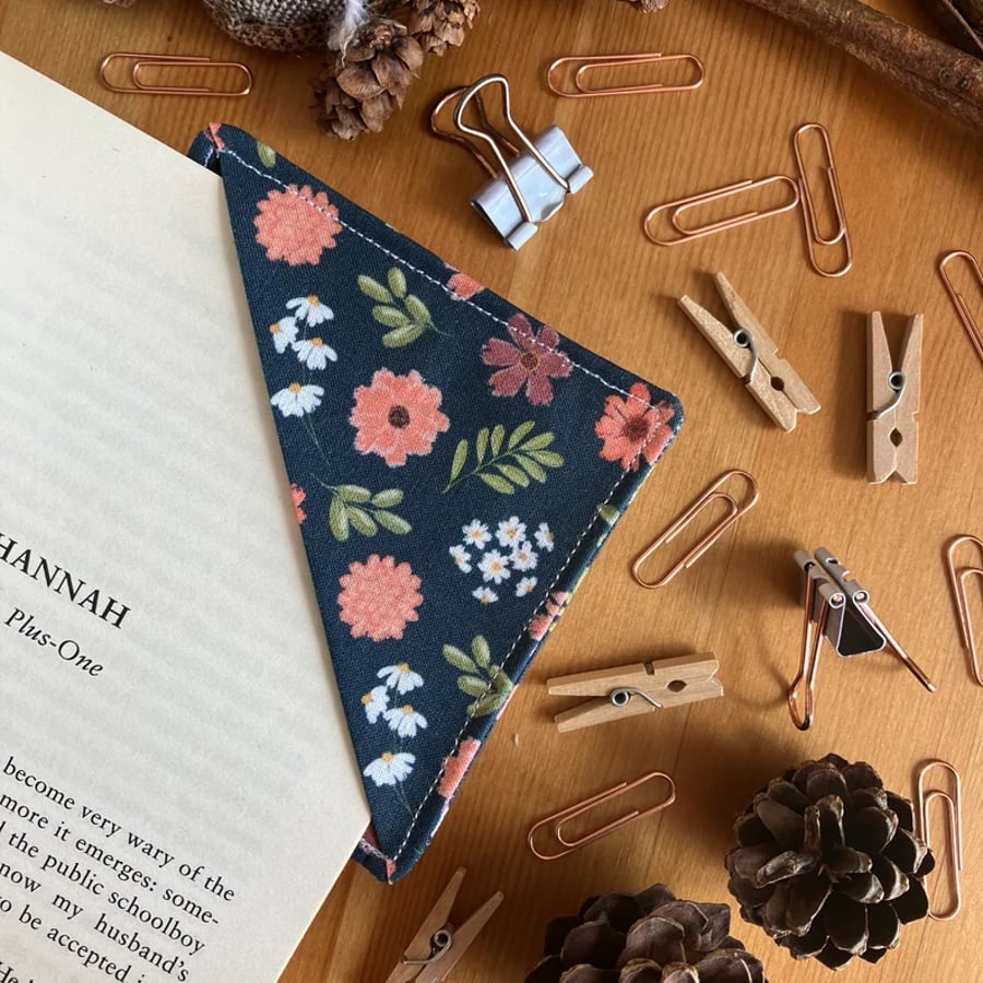 Blue and Orange Floral Square Fabric Corner Cotton Bookmark