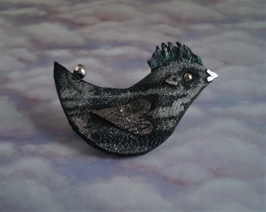 Dusk...Bird Brooch in upcycle leather.