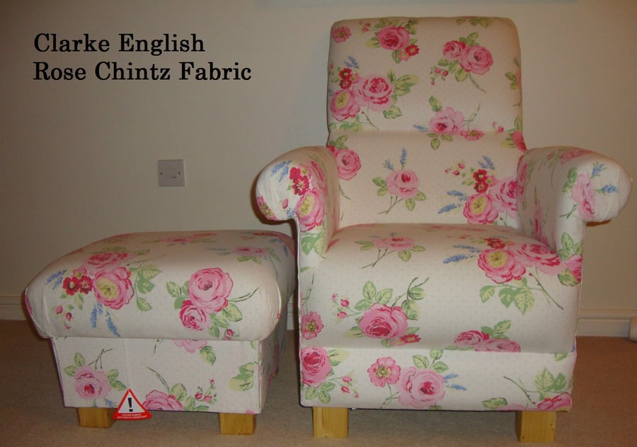 Clarke English Rose Chintz Fabric Chair & Footstool Floral Roses Pink Bedroom 