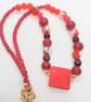 Red Beaded Necklace with Red Tile Pendant and Earrings Set, Gift for Her - Image 2