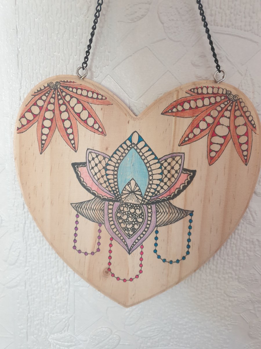 Lotus flower hanging wooden heart