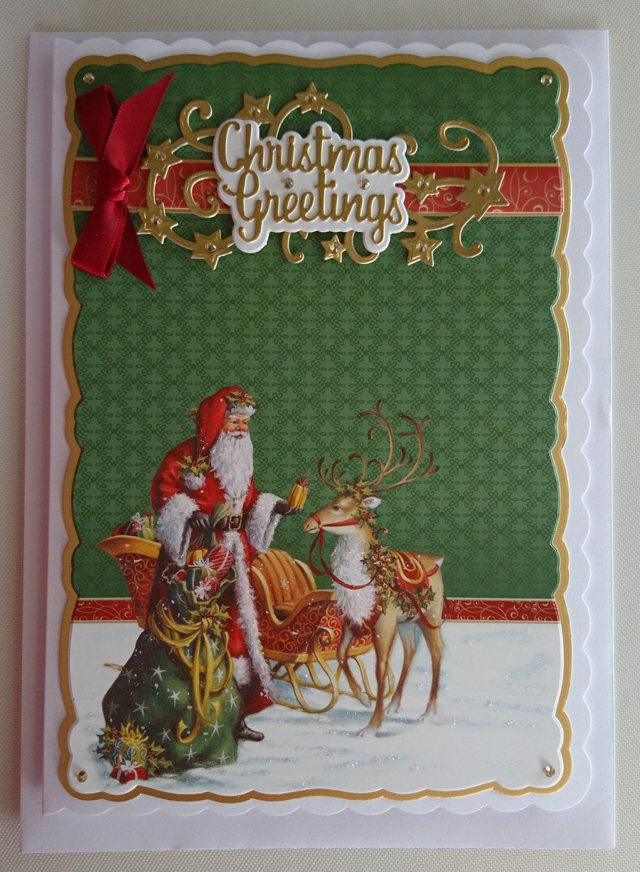 Handmade Christmas Card Santa Rudolph the Reindeer Sleigh & Gifts v1