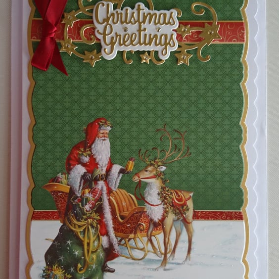 Handmade Christmas Card Santa Rudolph the Reindeer Sleigh & Gifts v1
