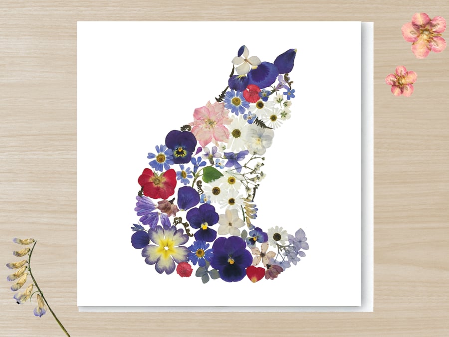 Sitting Cat, Pressed Flower Print card, 