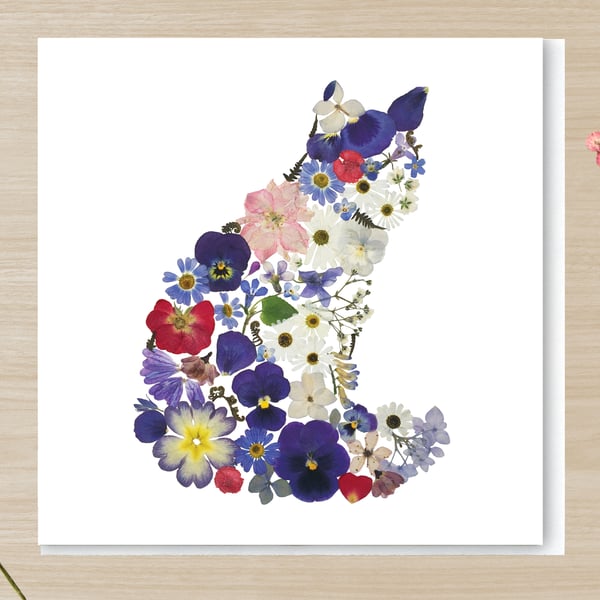 Sitting Cat, Pressed Flower Print card, 