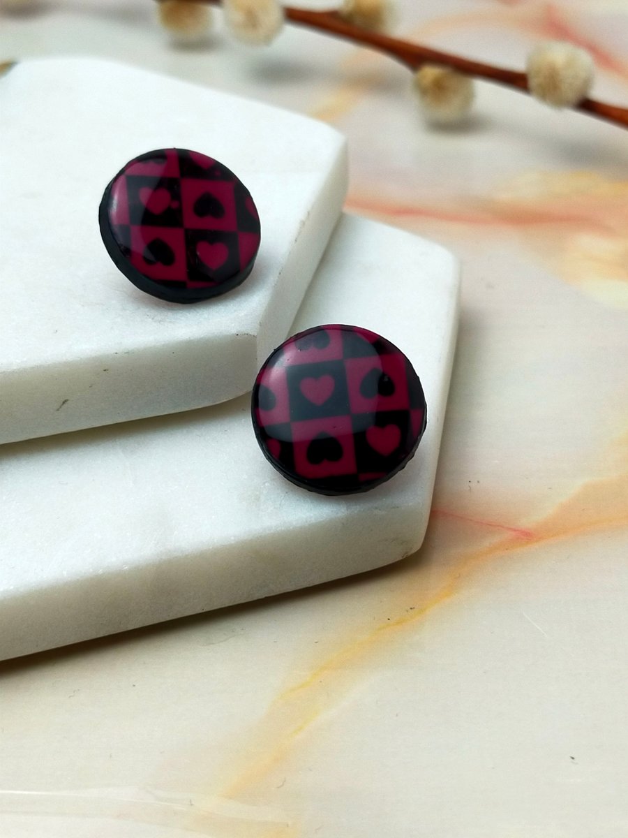 Artisan Crafted Polymer Clay Studs Wine and Black Checkmate Design