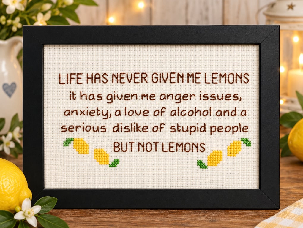 Framed Handmade Cross Stitch – Life Has Never Given Me Lemons 