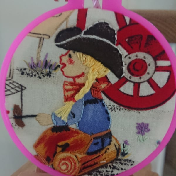 Lil Cowgirl embroidery hoop picture on stand or can be hung