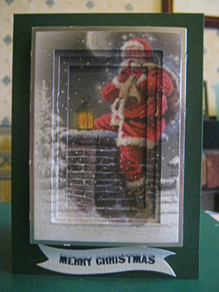 Handmade 5" x 7" Santa is heading down the chimney  Invertage Card