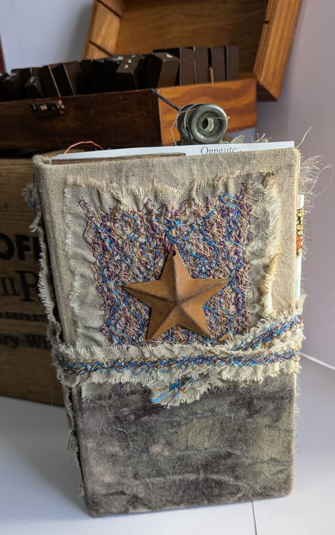 Hand dyed fabric and stitch repourposed journal