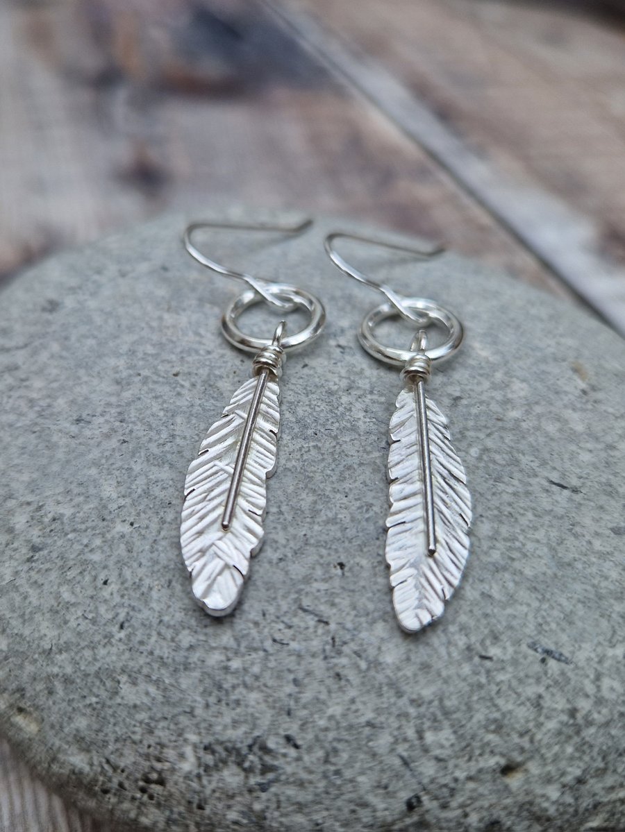 Sterling Silver Feather and Circle Hoop Drop Earrings