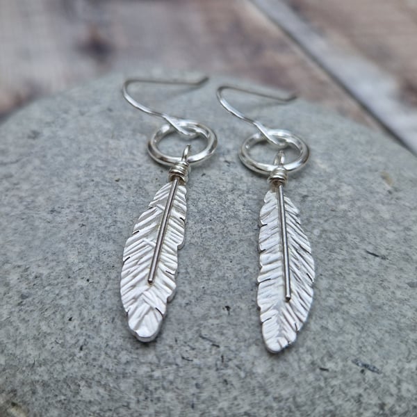 Sterling Silver Feather and Circle Hoop Drop Earrings