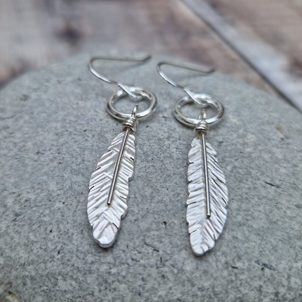 Sterling Silver Feather and Circle Hoop Drop Earrings - JBJ1025