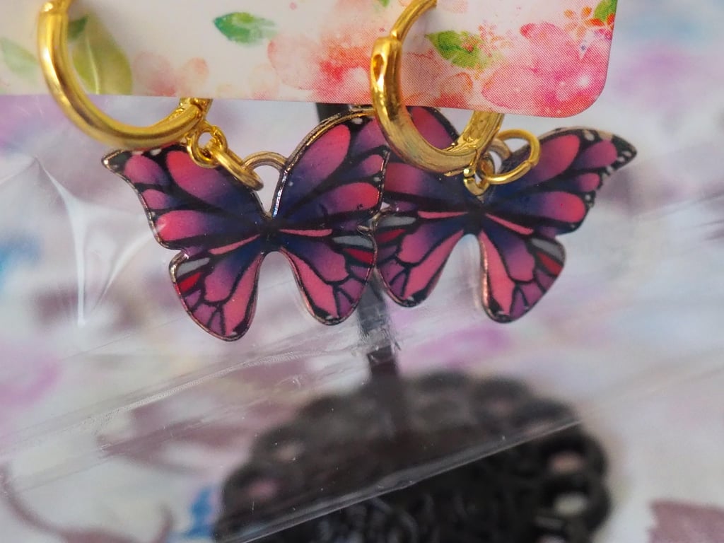Small Gold Hoop Earrings with Black and Pink Butterfly Charms