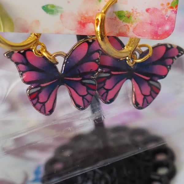 Small Gold Hoop Earrings with Black and Pink Butterfly Charms