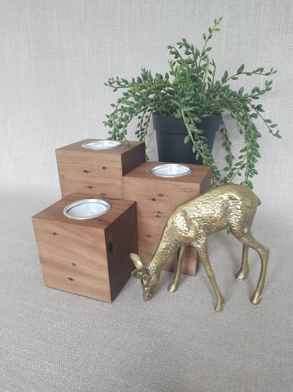 Set of 3 Wooden Tealight Holders Upcycled Pallet Block Candle Gift Set