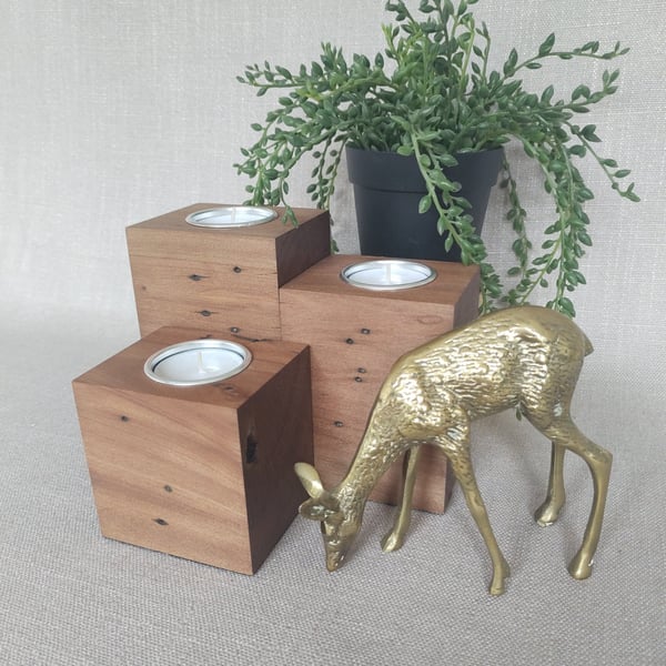 Set of 3 Wooden Tealight Holders Upcycled Pallet Block Candle Gift Set