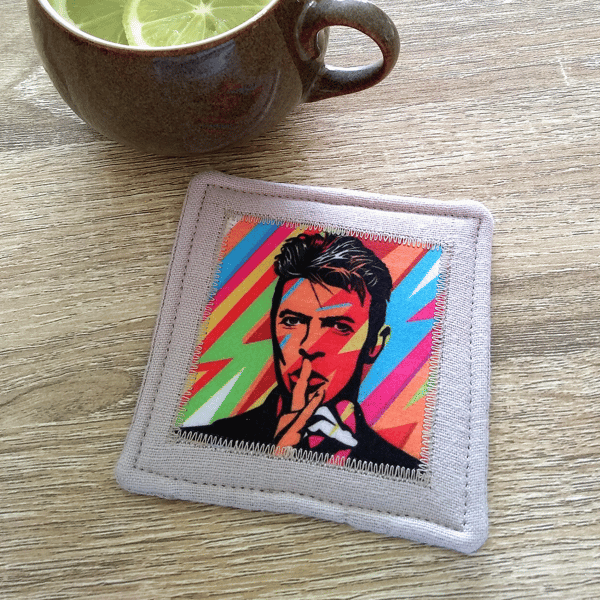 David Bowie fabric drinks coaster in taupe, beige, POSTAGE INCLUDED