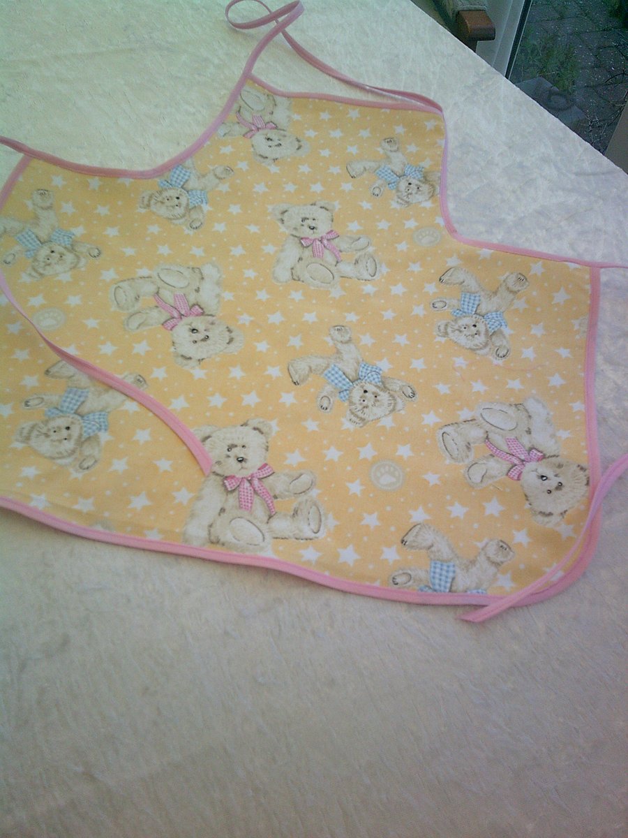 Teddy Bears with Blue & Pink Bows Baby Apron trimmed with Pink Bias Binding