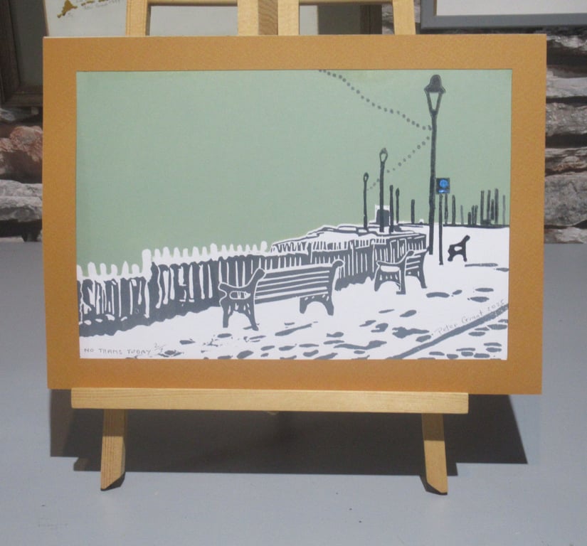 No Trams today lino print