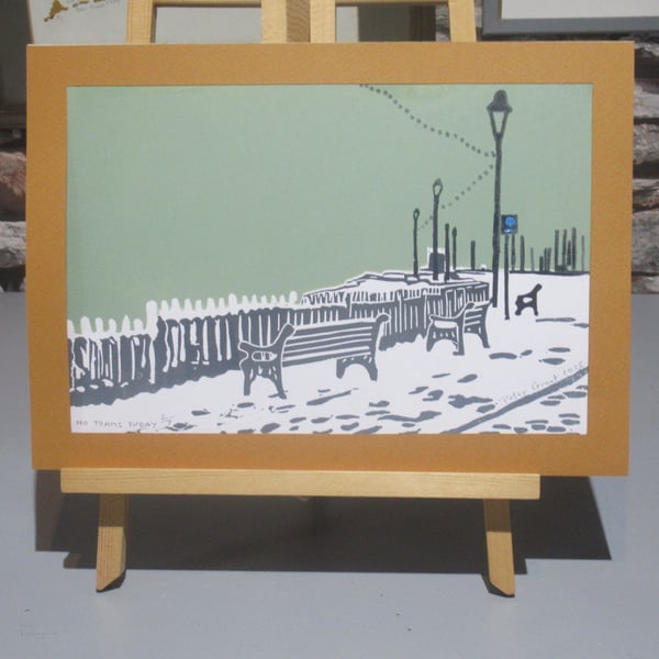 No Trams today lino print