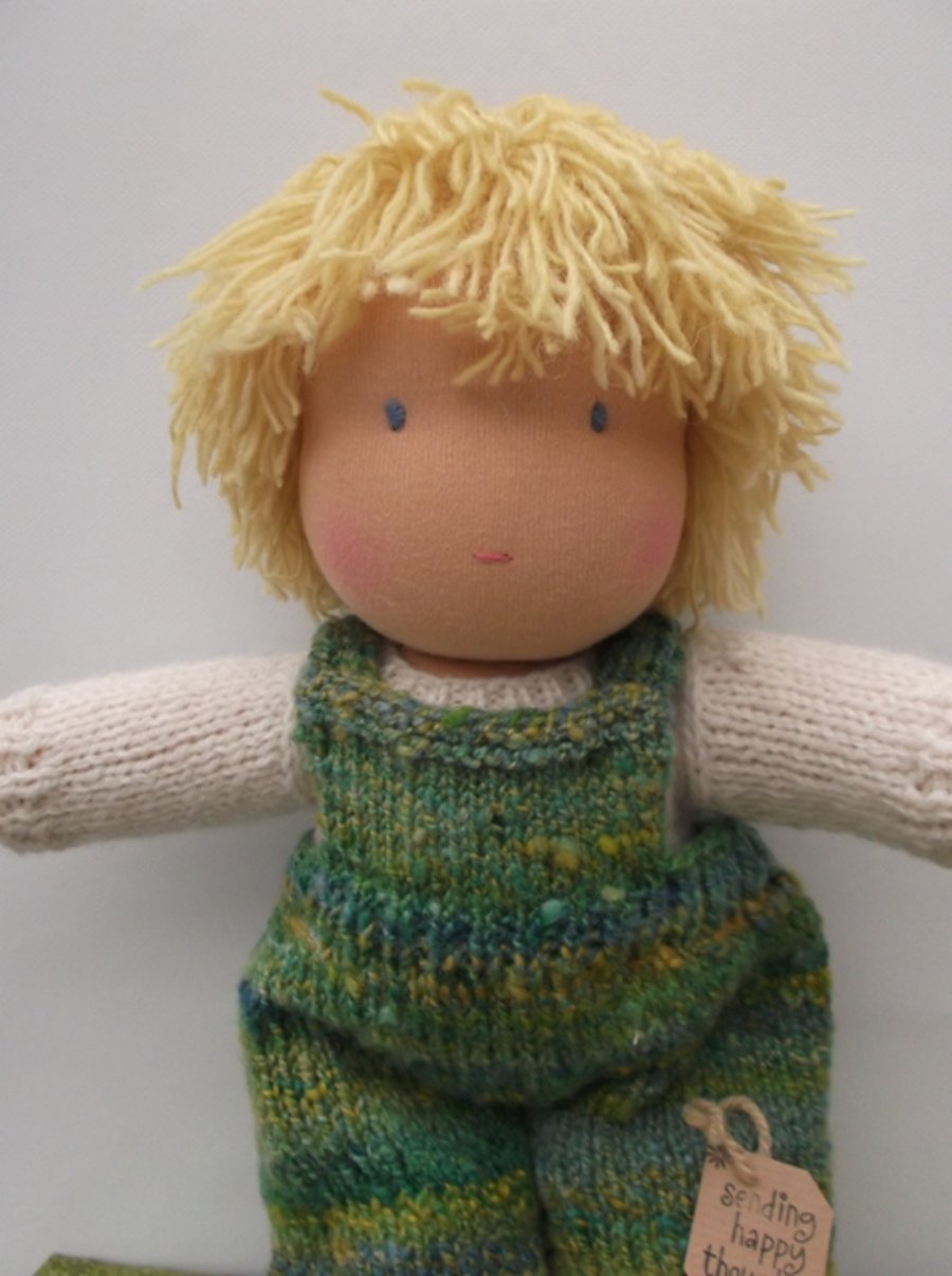 30 cm Waldorf doll, boy with green dungaree
